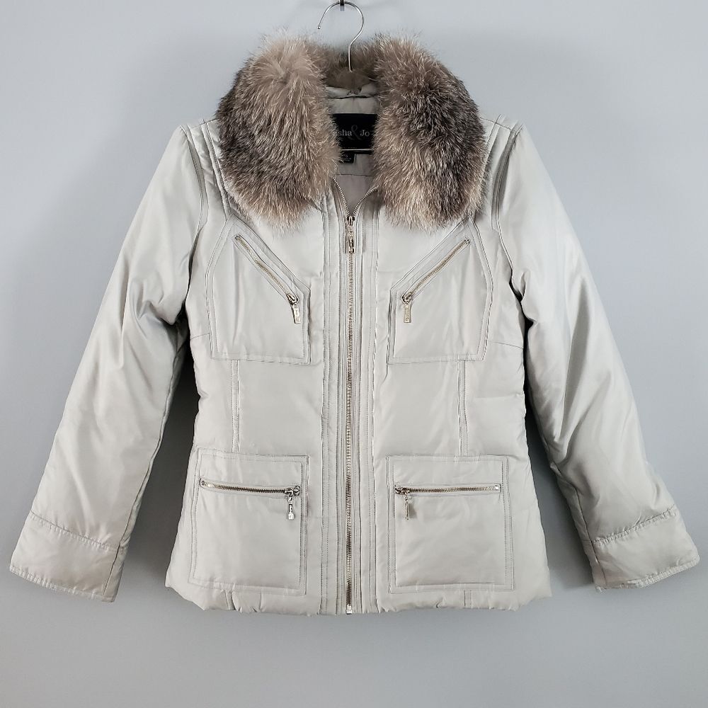 Pasha & Jo New York Grey Down Puffer Jacket Removable Fox Fur Collar Size S